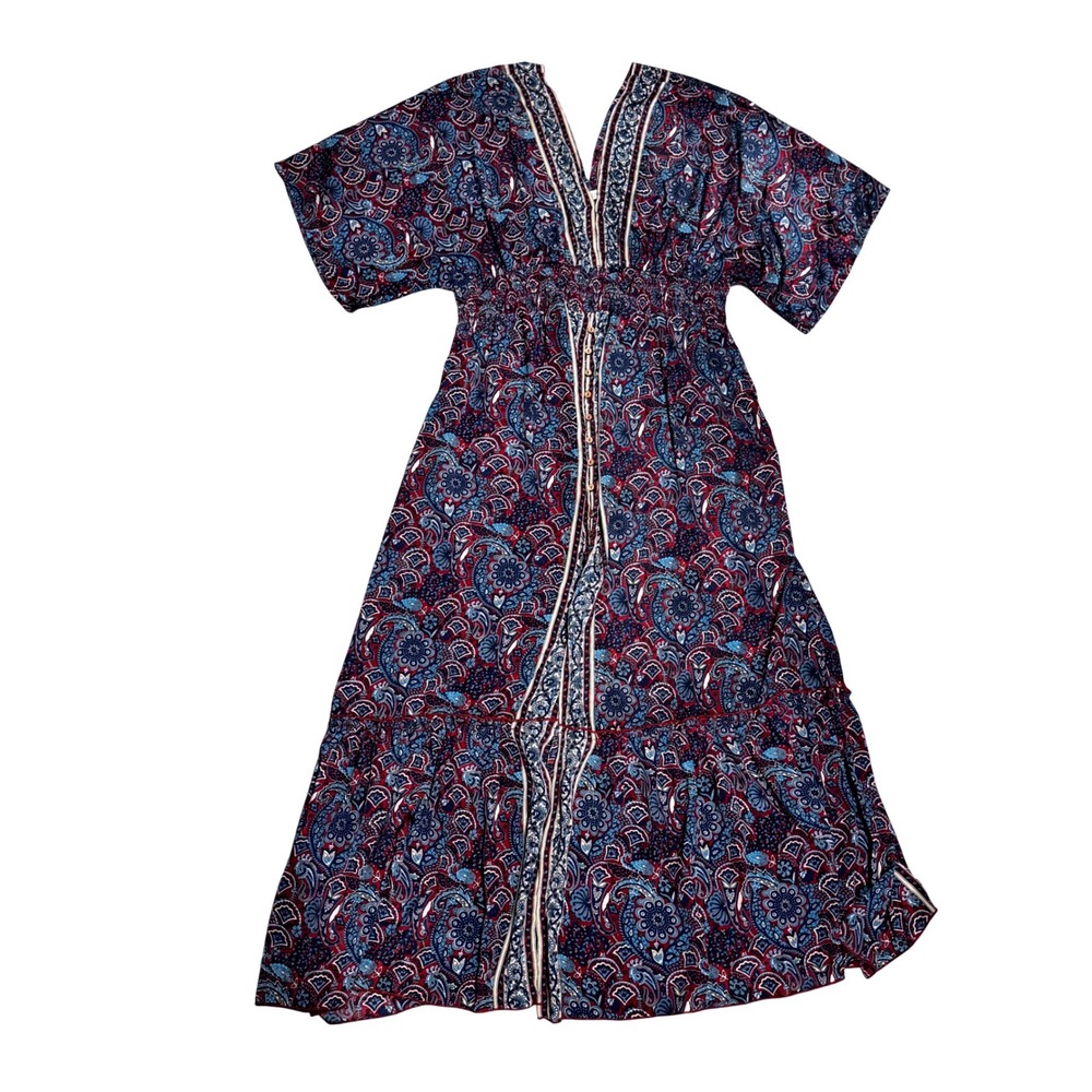 Natural Life Maxi Dress Womens XL Blue Red Paisley Smocked Boho Excellent